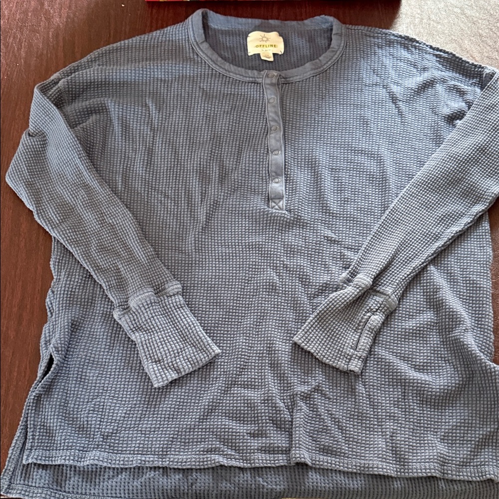Offline Long Sleeve Waffle Knit Top - Blue Small